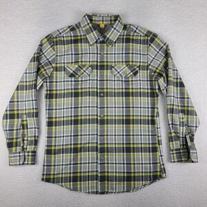 Eddie Bauer TraveX Flannel Shirt Mens Medium Gray‎ Yellow Plaid Dress Button Up